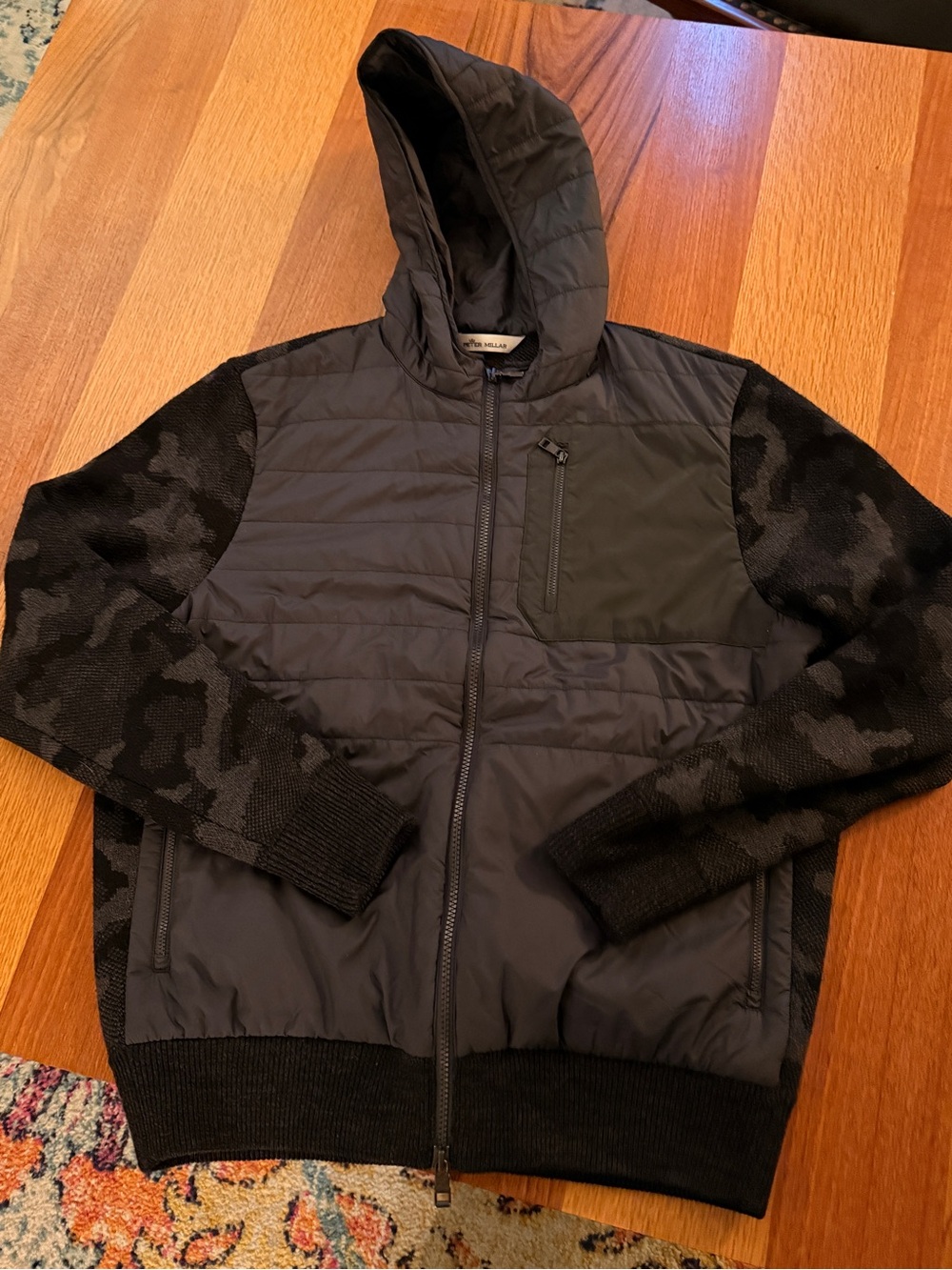 Peter Millar Black Quilted Hooded Jacket with Knit Camo Sleeves